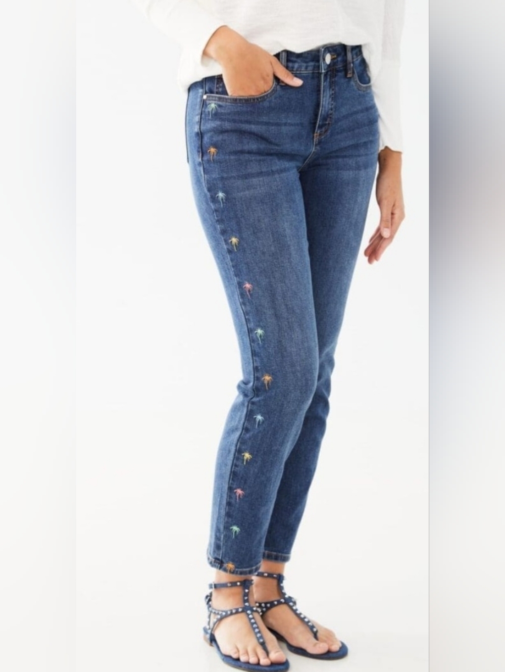 FDJ Slim Blue Skinny Jeans with Multicolor Side Embroidery